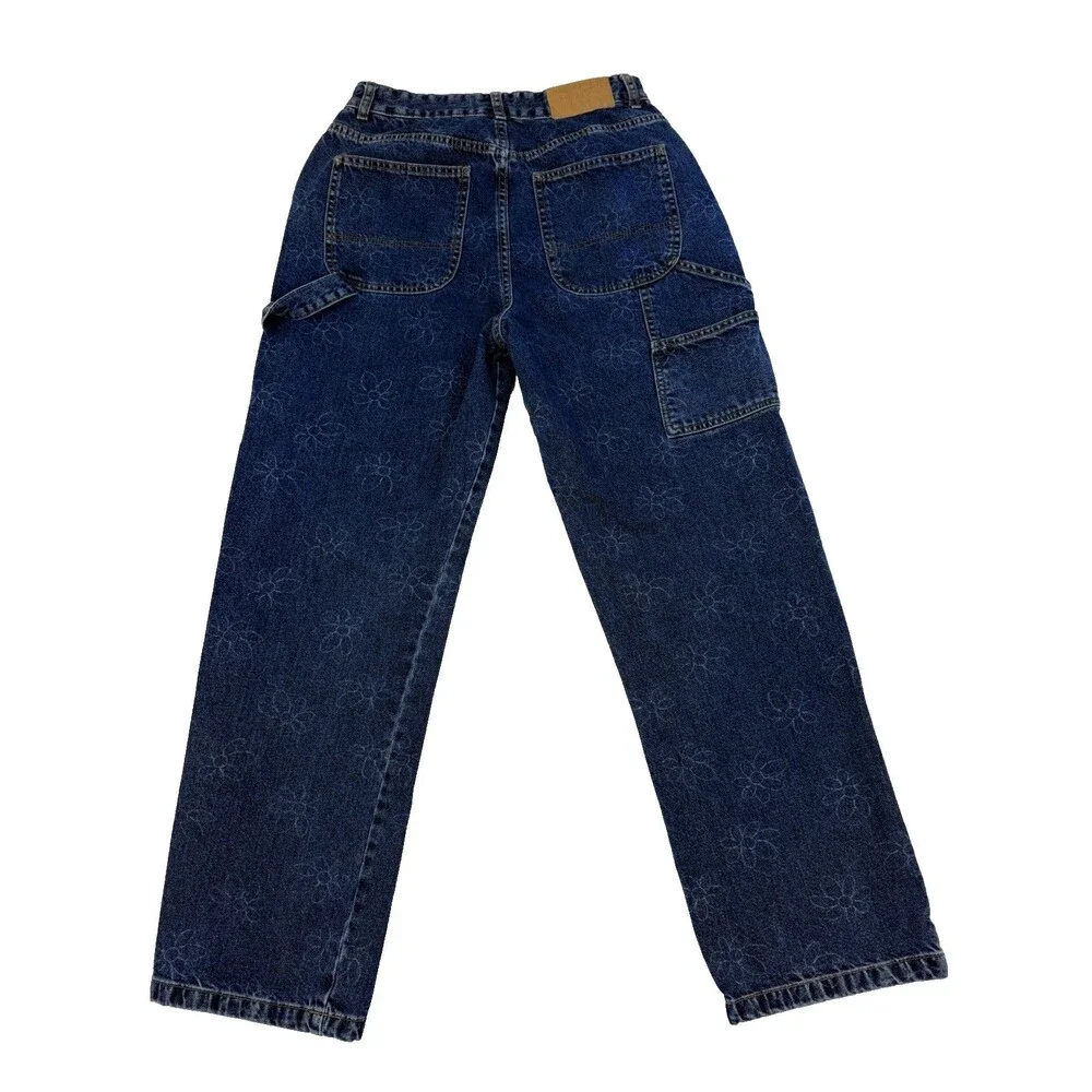 Cotton On Floral Carpenter Jeans Size 8 Blue Wide Leg Cargo Pants High Rise - Picture 2 of 13